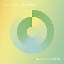 Two adjacent and concentric circles: the inner wipes a gradient from green to lemon counter-clockwise from its top; the outer-circle mirrors an identical gradient wipe clockwise from its top. The background runs a diagonal gradient wipe from goldenrod in the upper left to mint green in the lower right. In all uppercase letters and a geometric typeface: "DAL NIENTE/DEERHOOF" in the upper left and "BALTER/SAUNIER" in the bottom right.